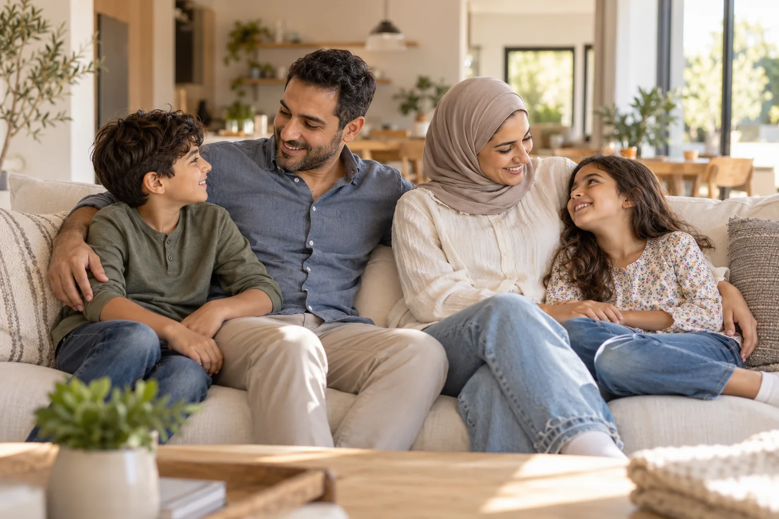 A modern Middle Eastern family spending time together at home